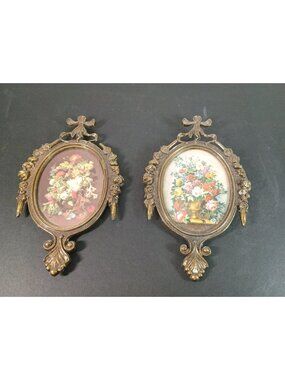 Two Vintage Italian Solid Brass Oval Frame Floral 6.5" Miniature Made in Italy